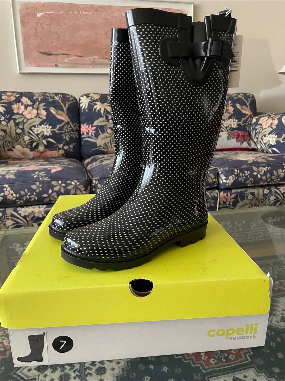 Capelli of New York Black and White Polka Dot Tall Rain Boots with Buckle